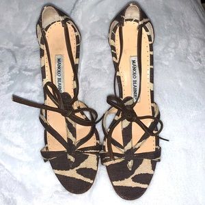 Vintage Manolo Blahnik Venusa Zebra Print Canvas Strappy Heels Size 7.5